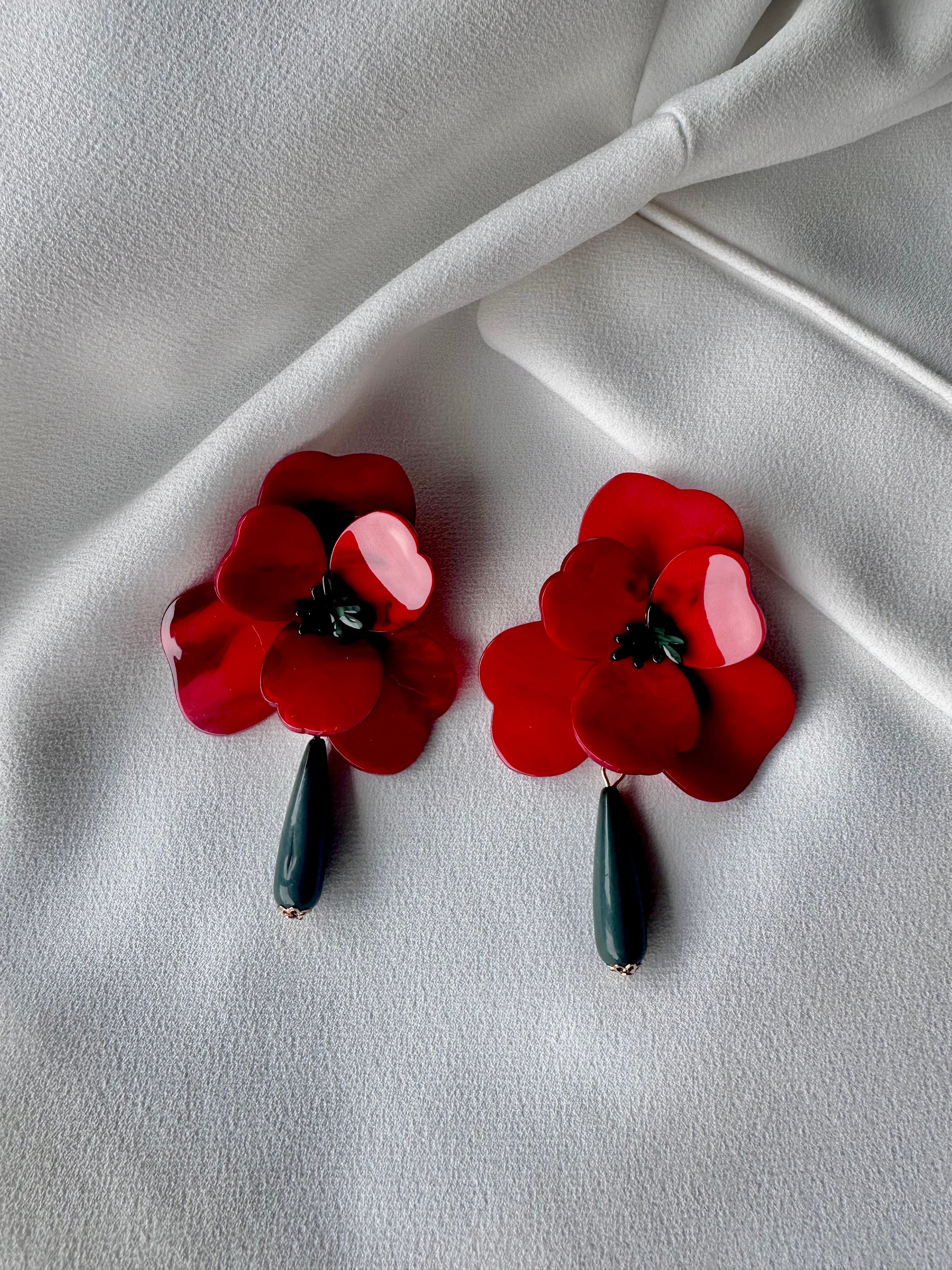 Grote oorbellen bloem Rood/Donker groen